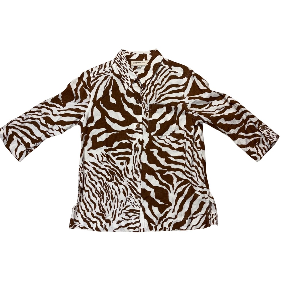 Jones New York Sport Linen Zebra Button Down Shirt Brown White Womens S Cowgirl